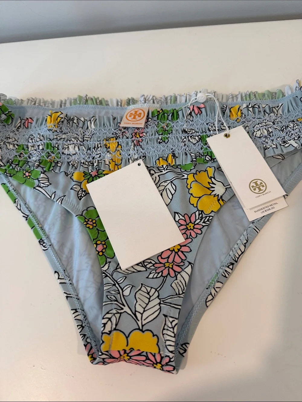 Tory Burch Light Blue Costa Floral Smocked Hipster Bikini Bottom